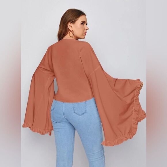 Shein Ruffle Bell Sleeve Tie Front Top - Picture 2 of 7